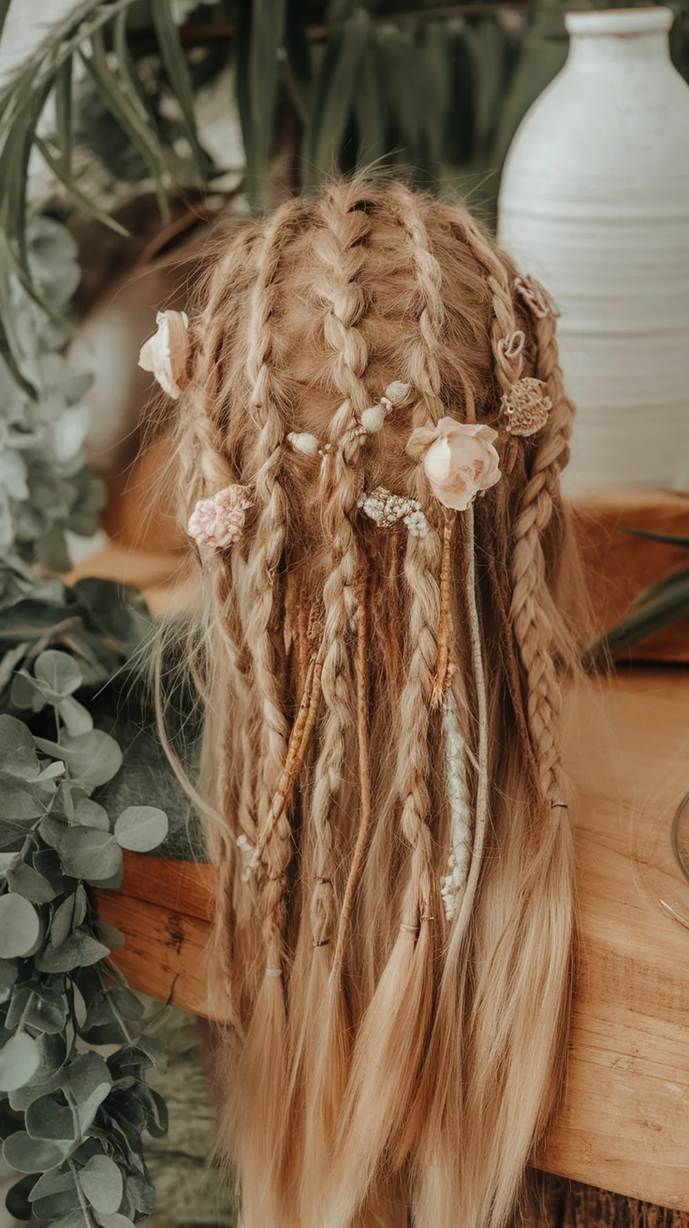 A close-up of bohemian braids with floral accessories, showcasing intricate weaving and a relaxed style.