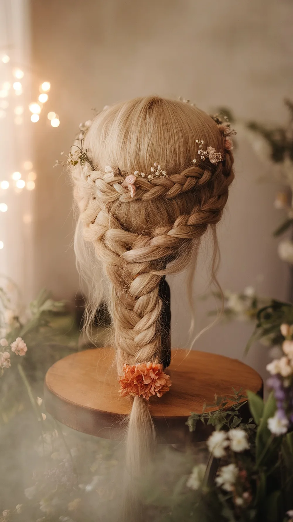 A mannequin with a braided crown hairstyle adorned with flowers, showcasing a beautiful and elegant look.