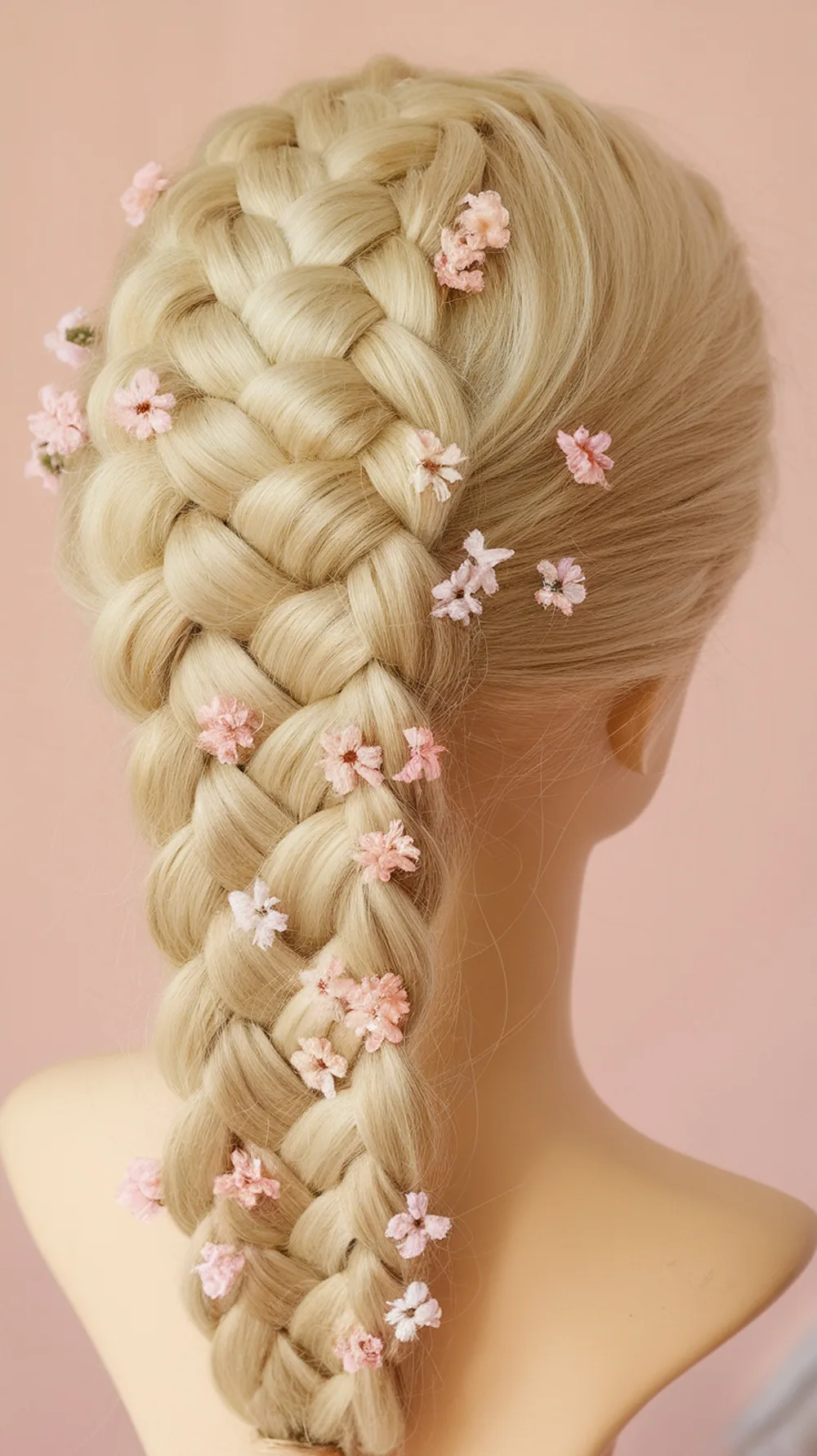 A classic French braid hairstyle with pink and white flowers woven into it.