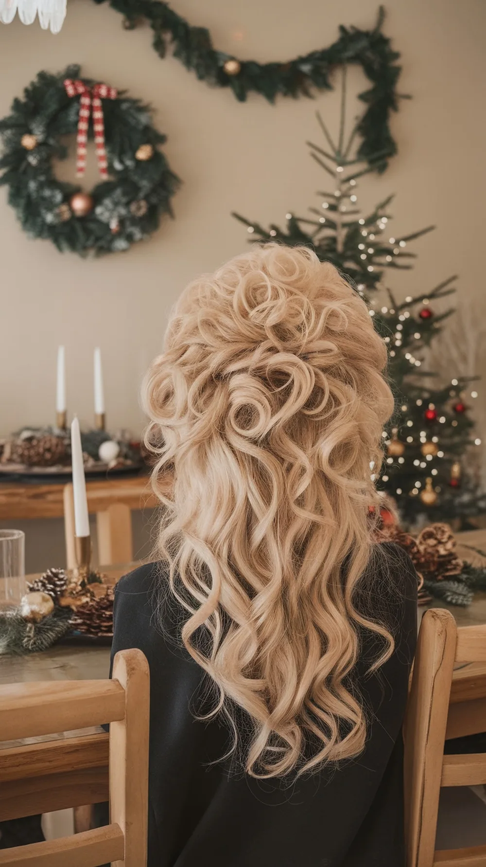 A woman with a curly updo hairstyle, featuring volume at the crown and cascading curls, set against a festive home backdrop.