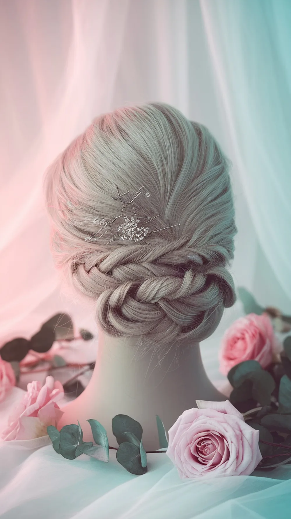 A beautiful updo hairstyle with twists, decorated with floral hairpins, surrounded by pink roses.