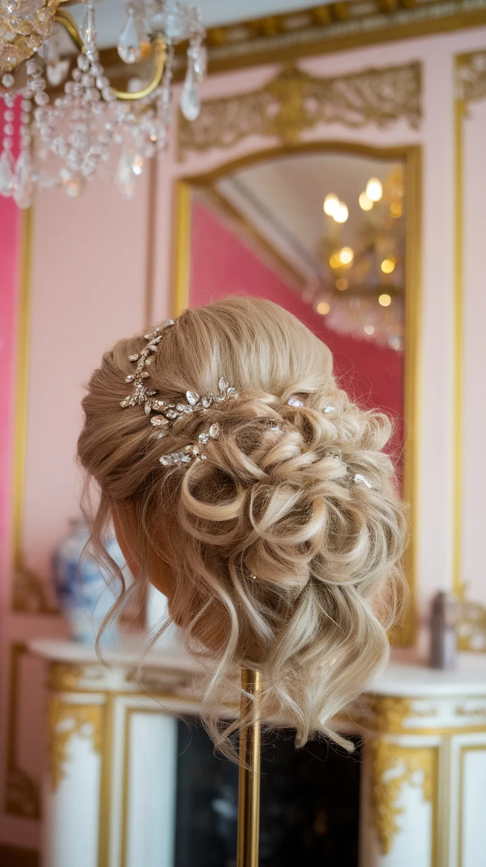 A glamorous updo hairstyle adorned with rhinestones, showcasing soft curls and an elegant design.