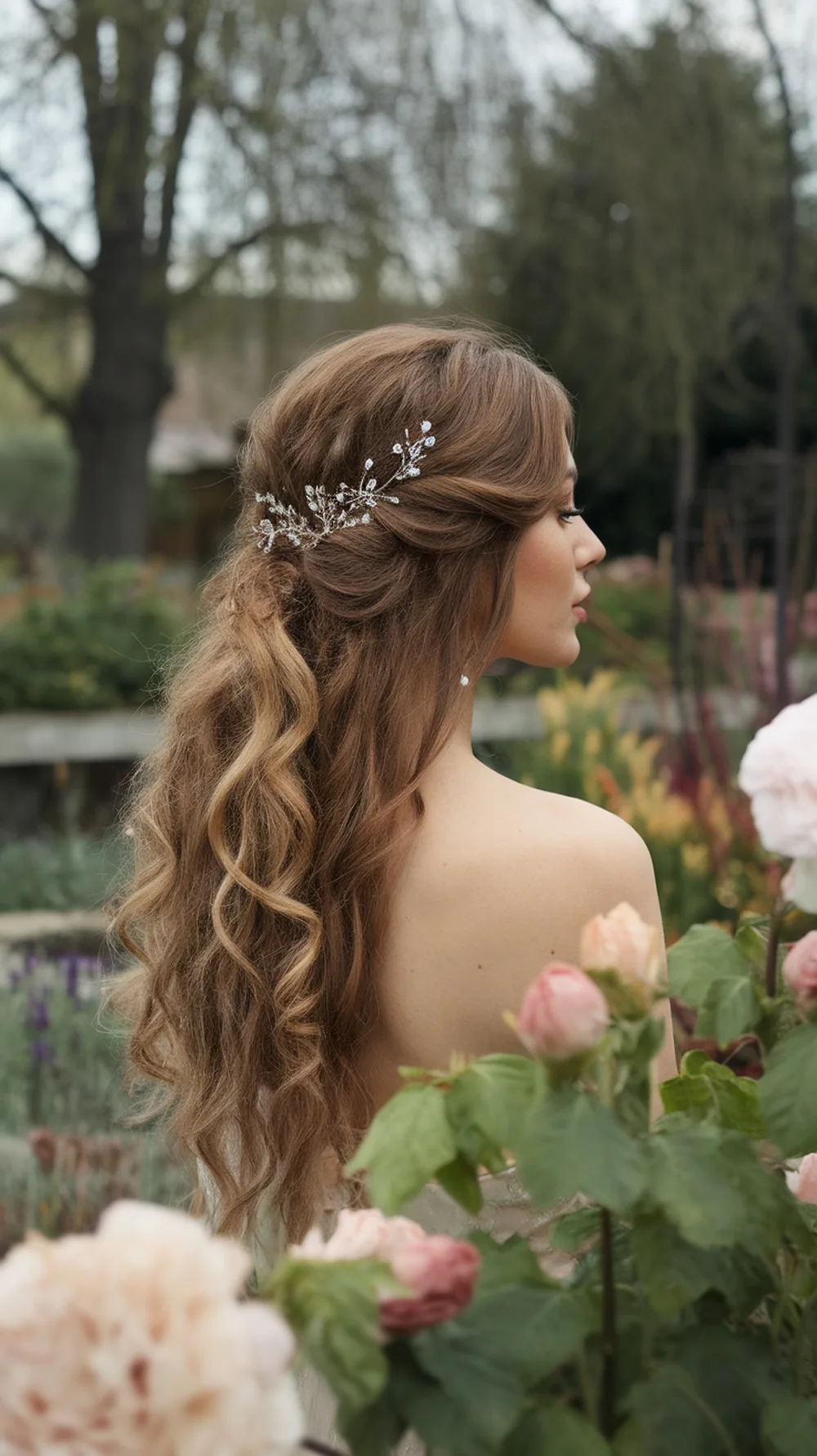 A woman with half-up, half-down hairstyle adorned with a delicate hairpiece, surrounded by flowers.