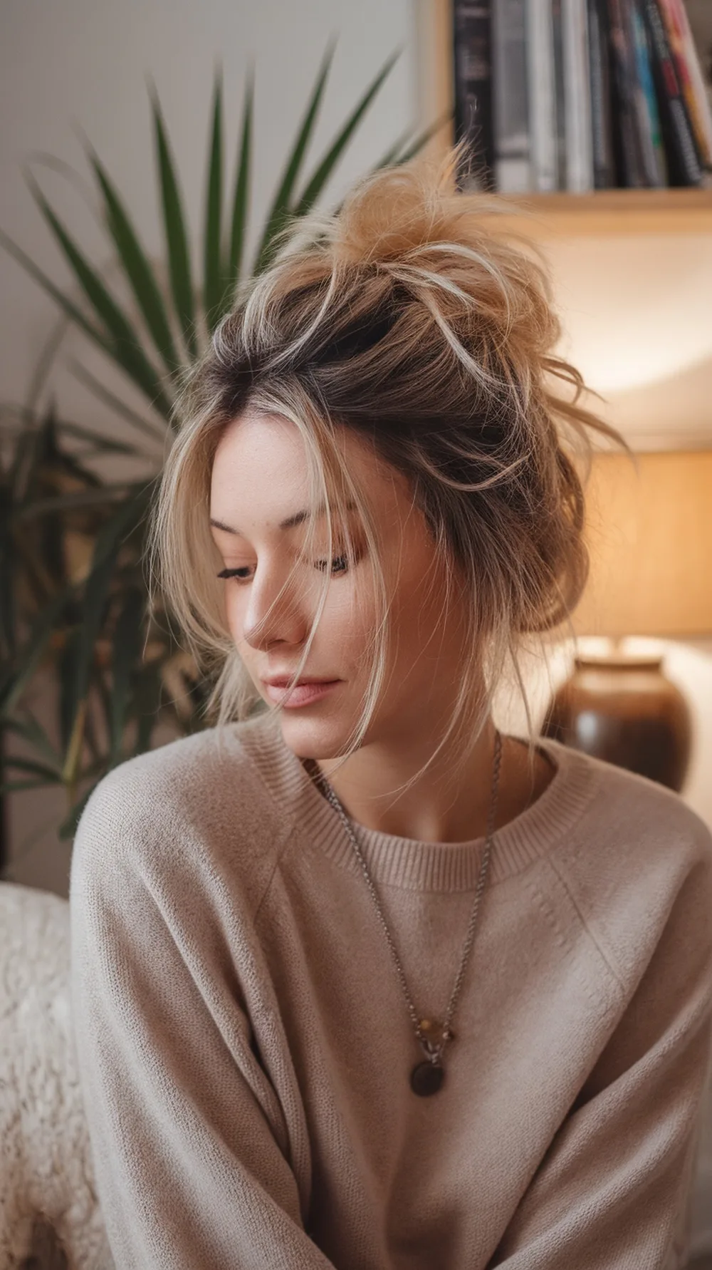 A woman with a messy bun hairstyle and face-framing strands, wearing a cozy sweater.