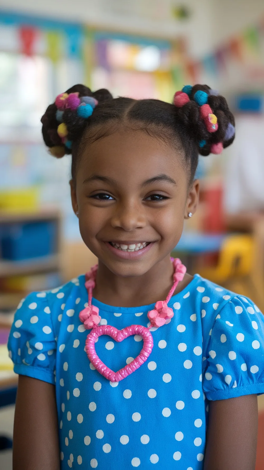 A young girl smiling with playful space buns hairstyle and a polka-dotted blue dress.