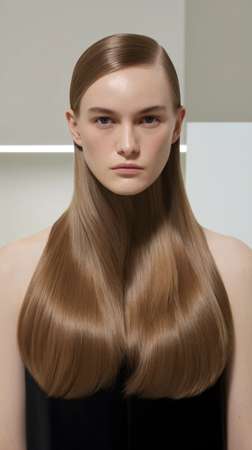 A model with sleek, straight hair that shines, showcasing a simple yet elegant hairstyle.