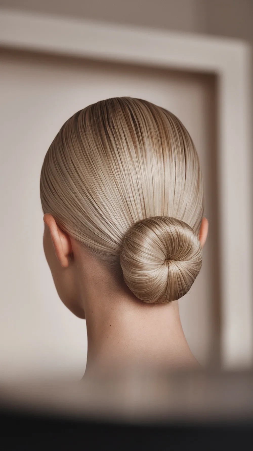 A sleek low bun hairstyle showcasing smooth, shiny hair styled neatly at the back.