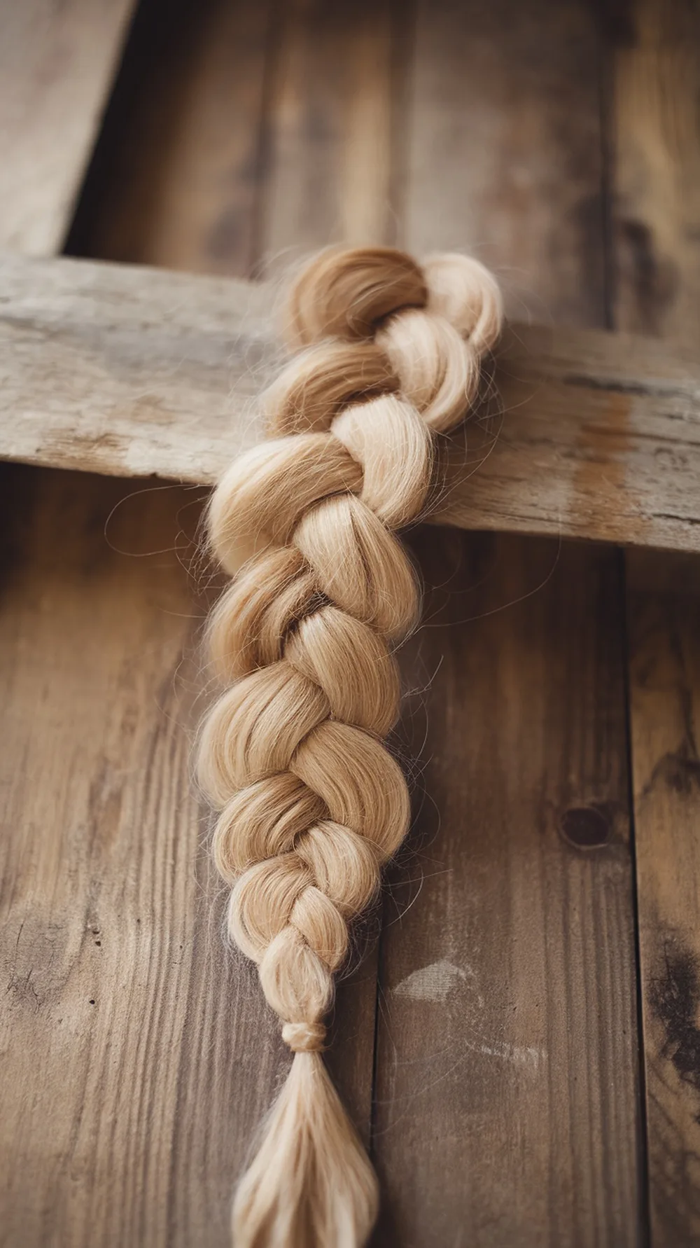 A textured fishtail braid on a wooden surface.