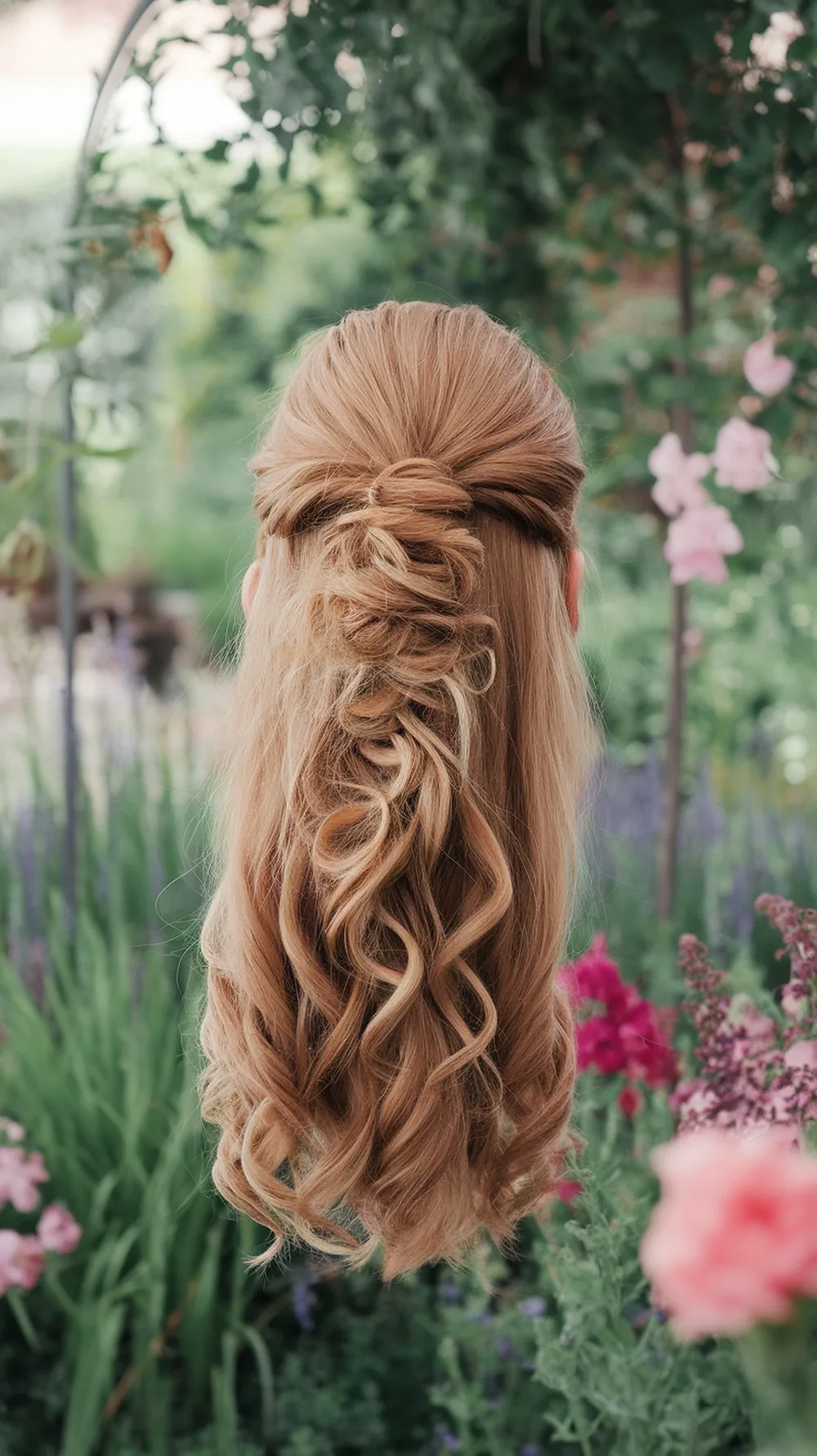 A twisted half-up ponytail hairstyle with soft curls, surrounded by flowers in a garden.