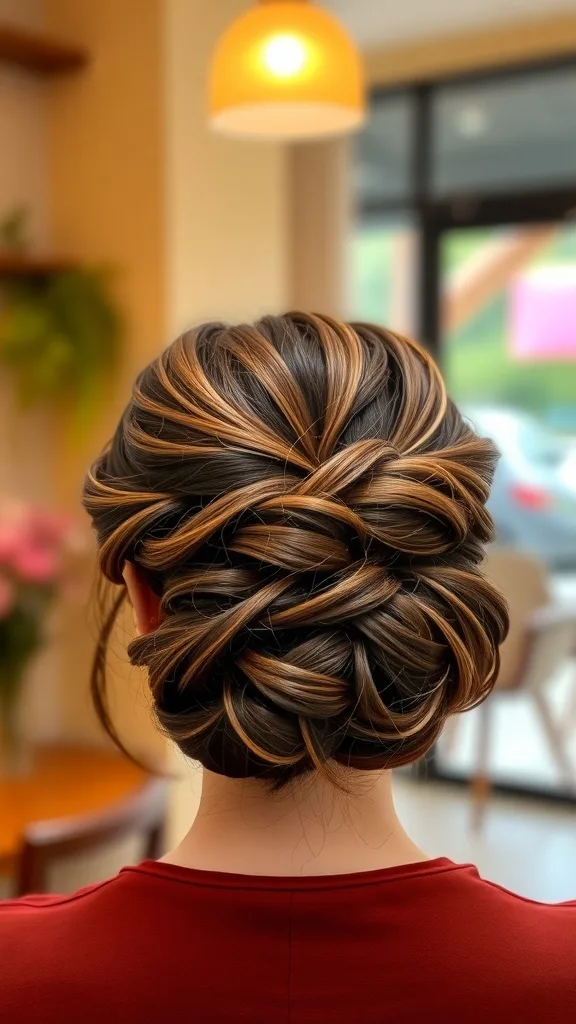 A hairstyle featuring chocolate brown hair with caramel lowlights styled in an elegant updo.