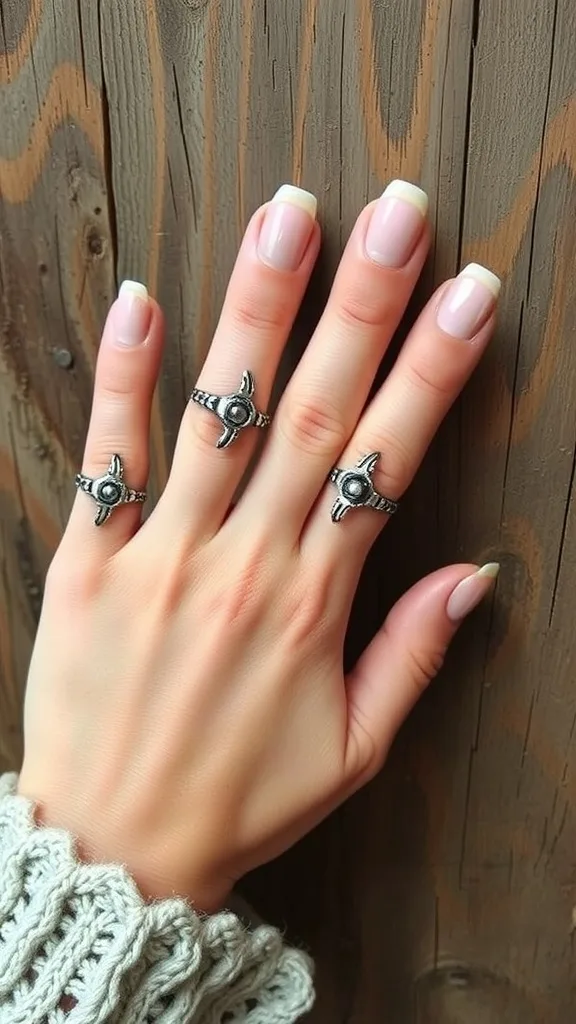 A hand with simple silver rings and neatly manicured nails against a wooden background.