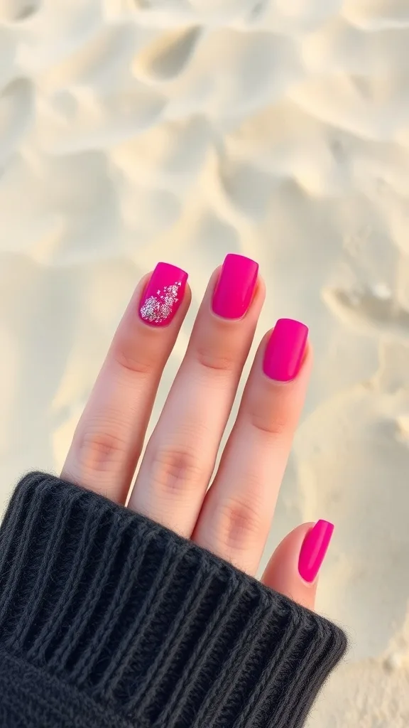 A hand with hot pink nails, featuring one glittery accent nail, against a sandy background.