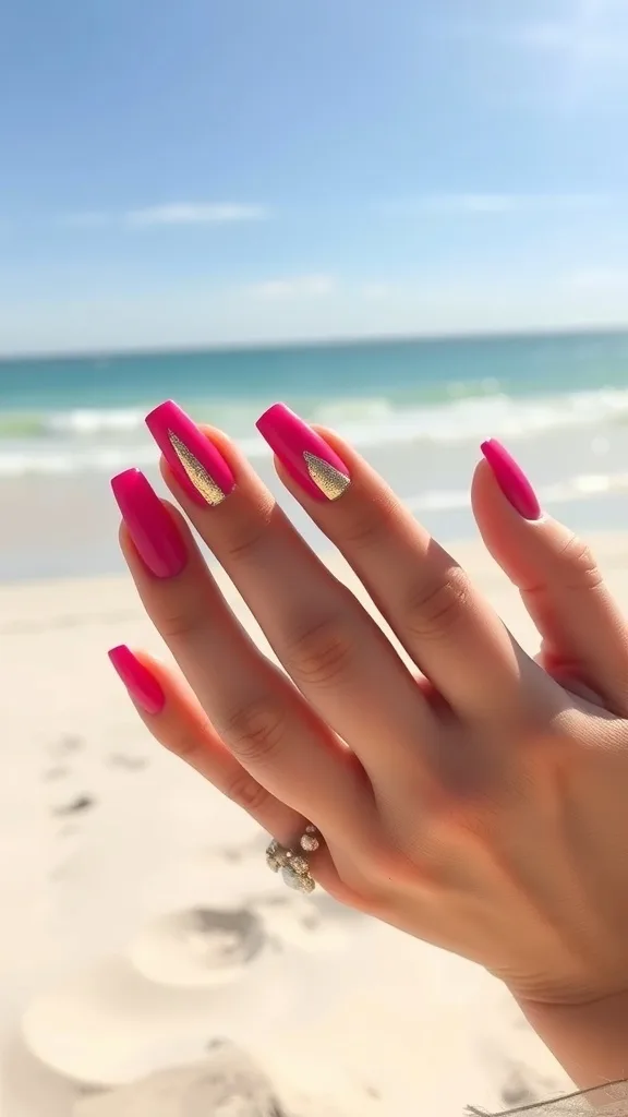 A hand with hot pink nails featuring gold foil accents against a beach background.