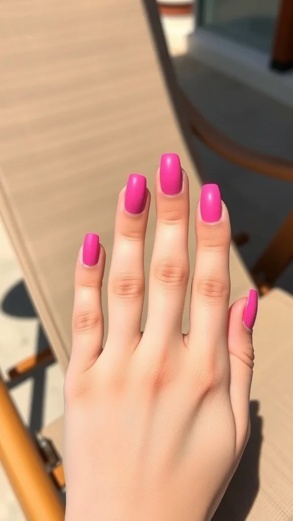 Close-up of a hand with matte hot pink nails and glossy tips, resting on a lounge chair.