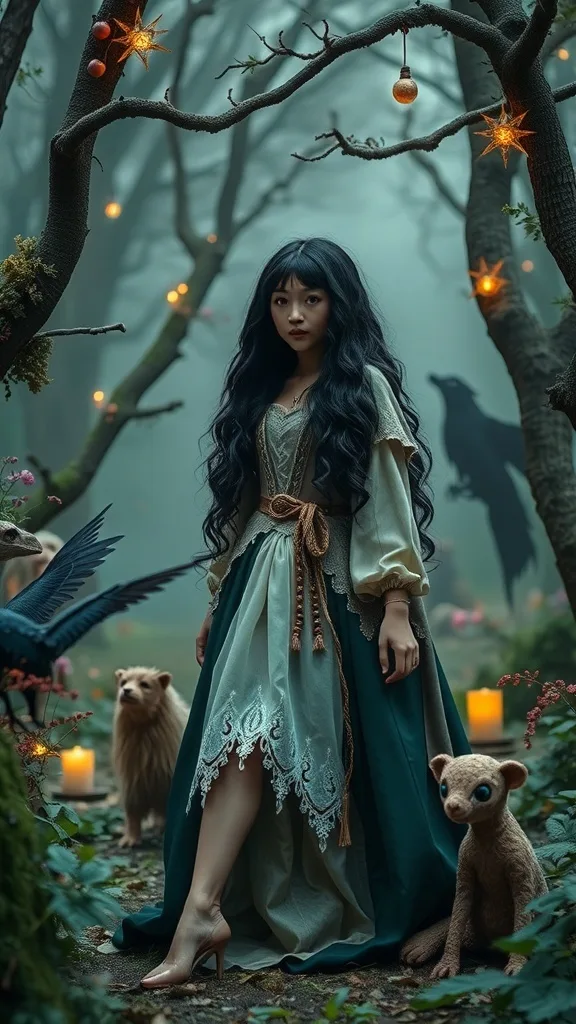 A gothic fairy tale character in a mystical forest setting, wearing a flowing dress and surrounded by whimsical creatures.