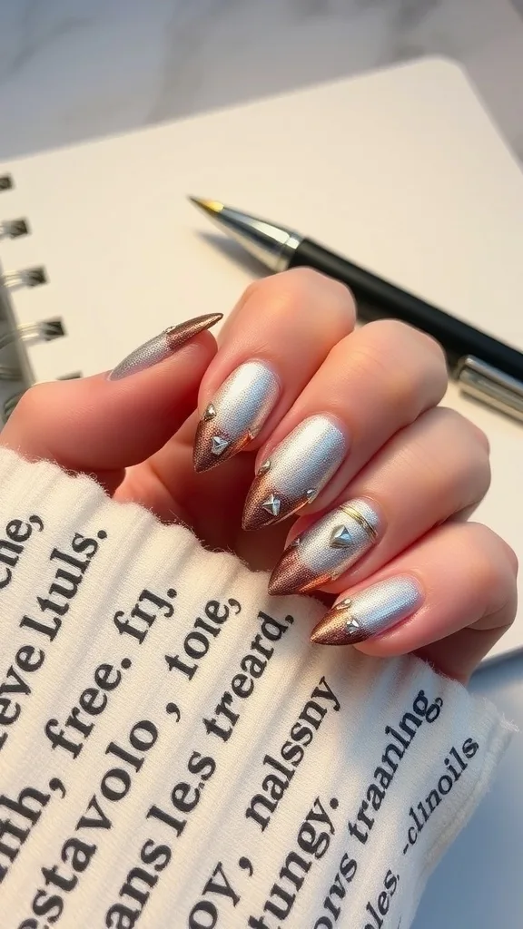 Close-up of metallic nails with studs, showcasing a stylish back to school design.