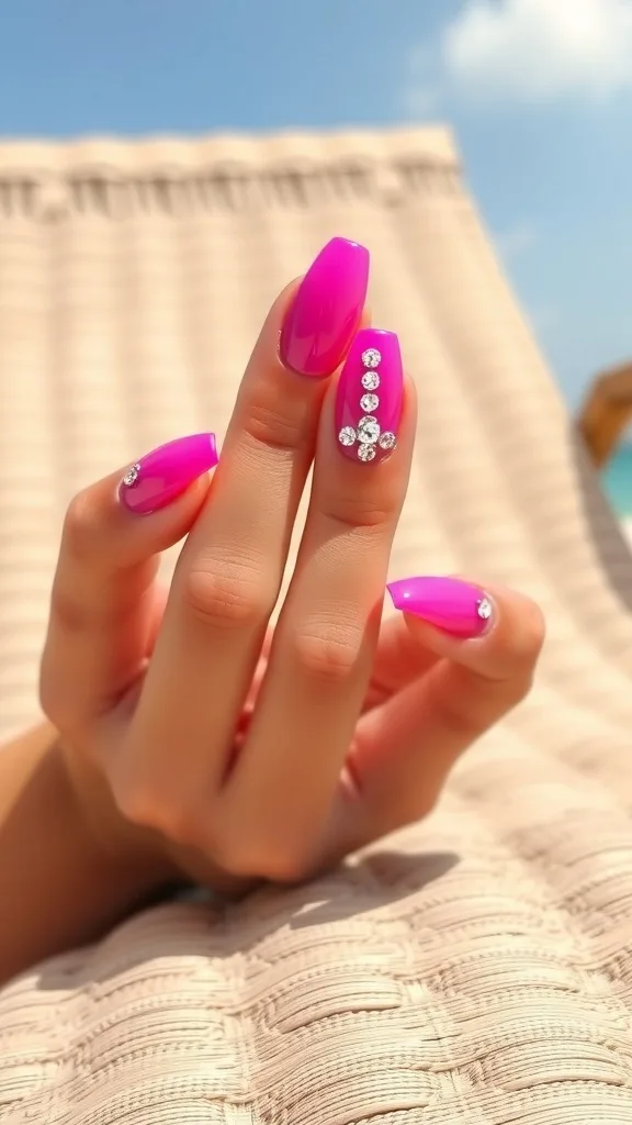 Close-up of hot pink nails with rhinestone embellishments on a hand resting on a beach chair.