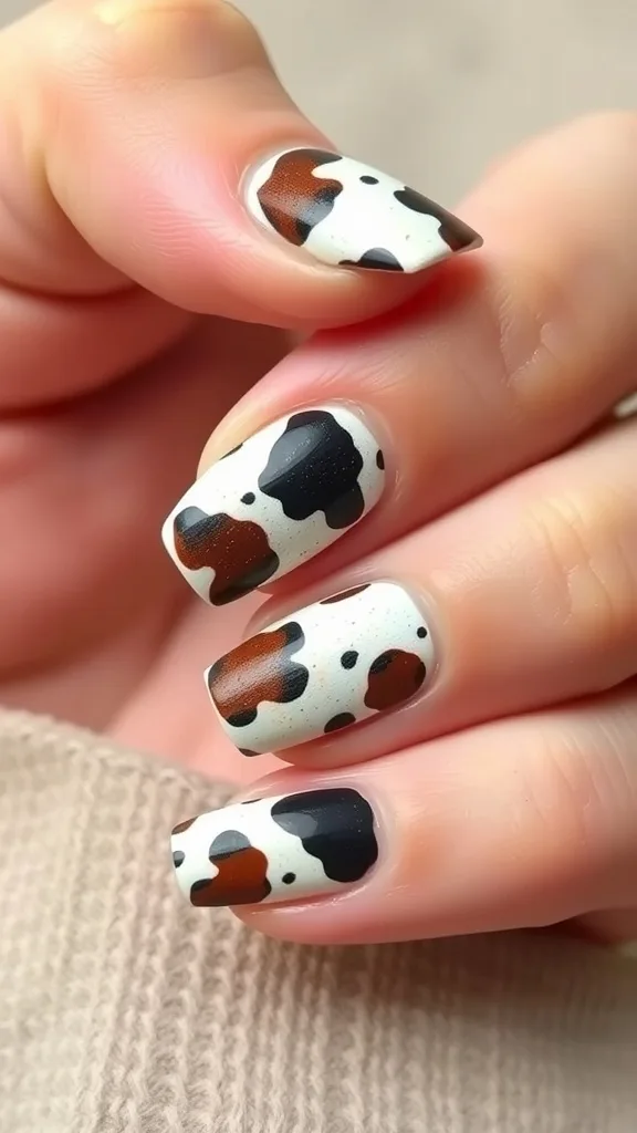 Close-up of cowhide print nails featuring brown and black spots on a white background.