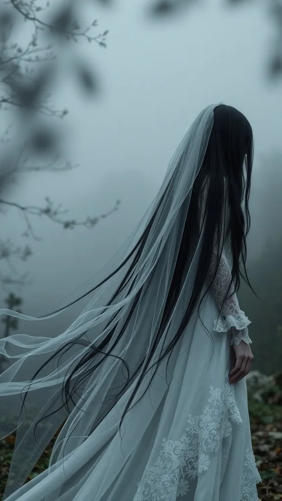 A ghost bride with long black hair wearing a flowing white gown and veil in a misty setting.