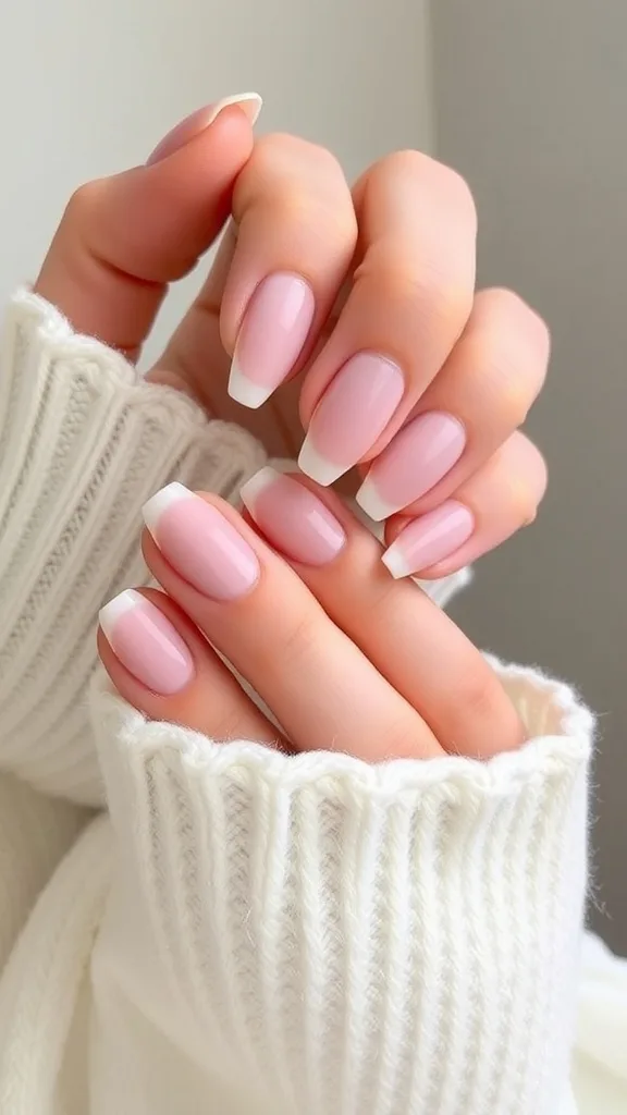 A hand with chic minimalist nails, featuring a French tip design.