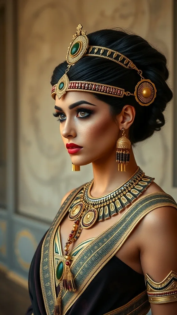 A woman styled as Cleopatra with black hair, bold makeup, and ornate jewelry.
