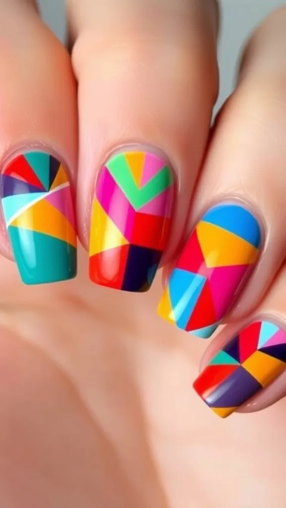 Colorful geometric patterned nails in various vibrant shades.