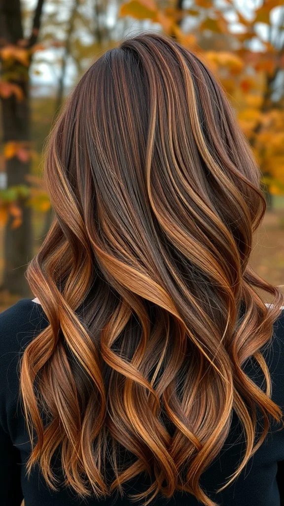 Brunette hair with copper and gold highlights, styled in loose waves against a backdrop of autumn foliage.