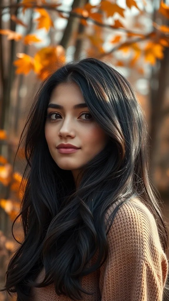 A woman with dark espresso hair and warm undertones, surrounded by autumn leaves.