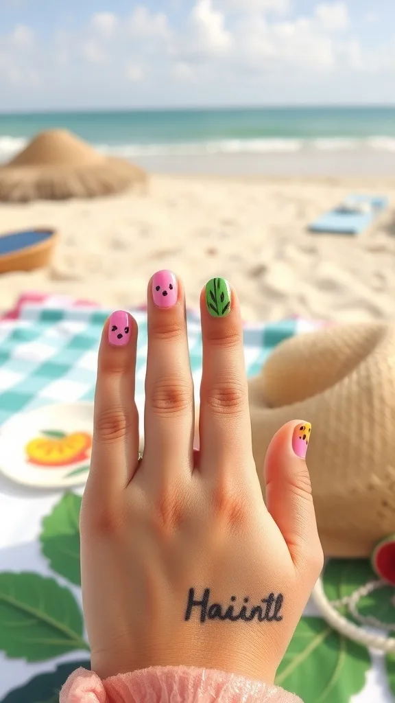 A hand with hot pink nails featuring tropical fruit designs, set against a beach background.