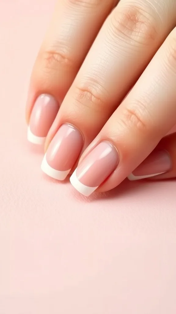 Close-up of manicured nails featuring a classic French tip design.