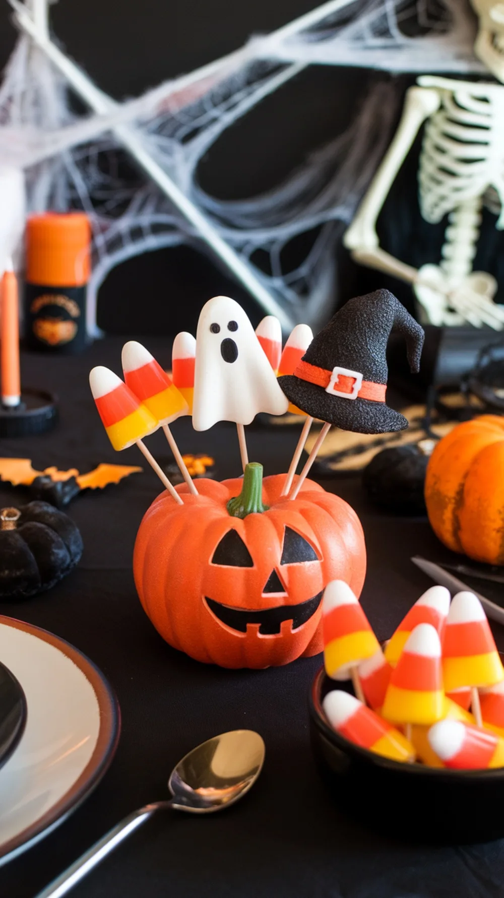 A festive display featuring candy corn, a ghost, and a witch hat on a pumpkin.