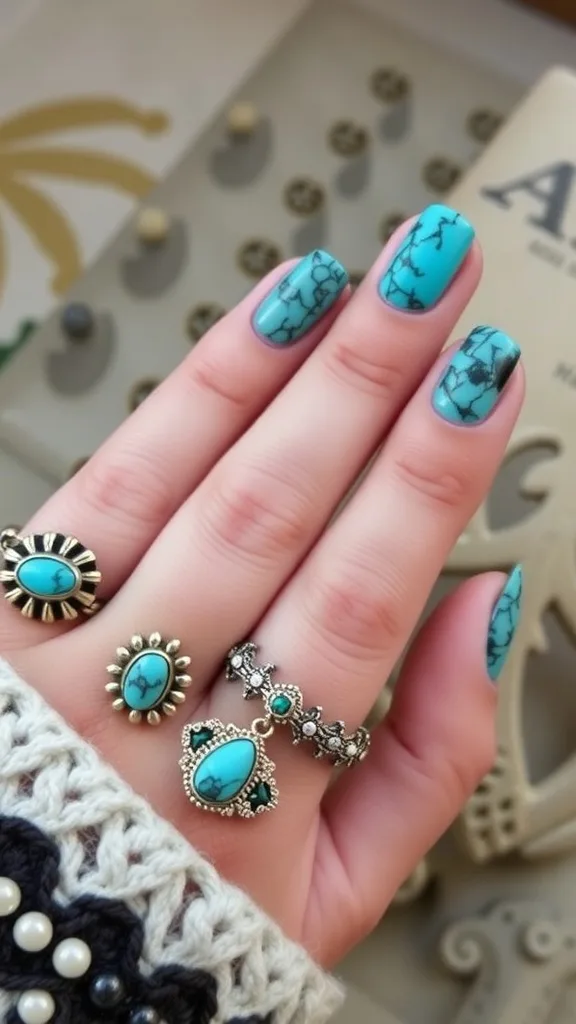 Nails painted in turquoise stone design with rings featuring turquoise stones.