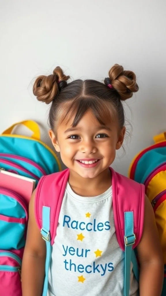 A young girl with space buns hairstyle, smiling and wearing a backpack.