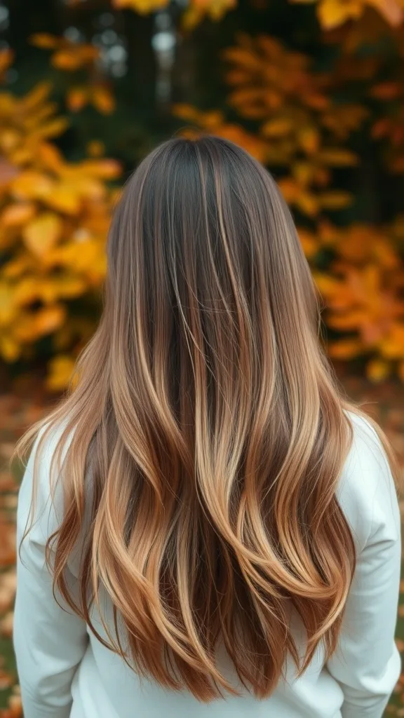 A woman with long hair featuring a golden brown ombre effect, surrounded by autumn foliage.