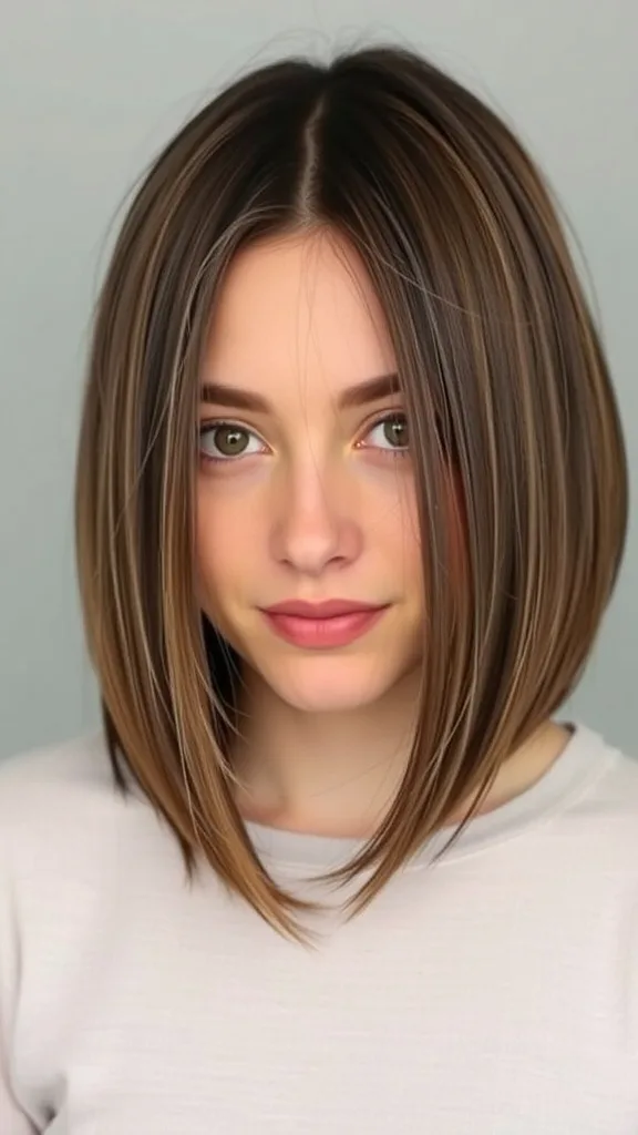A woman with subtle ash brown hair, showcasing a modern bob hairstyle.