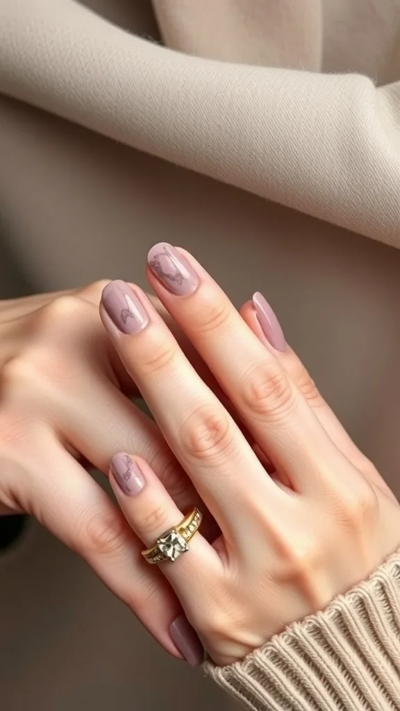 Close-up of hands with marble effect nails in soft colors, showcasing elegance.