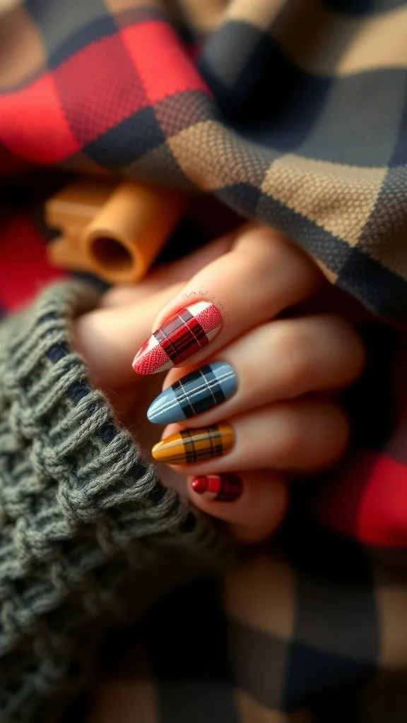 A hand with plaid patterned nails, showcasing a mix of colors and designs.