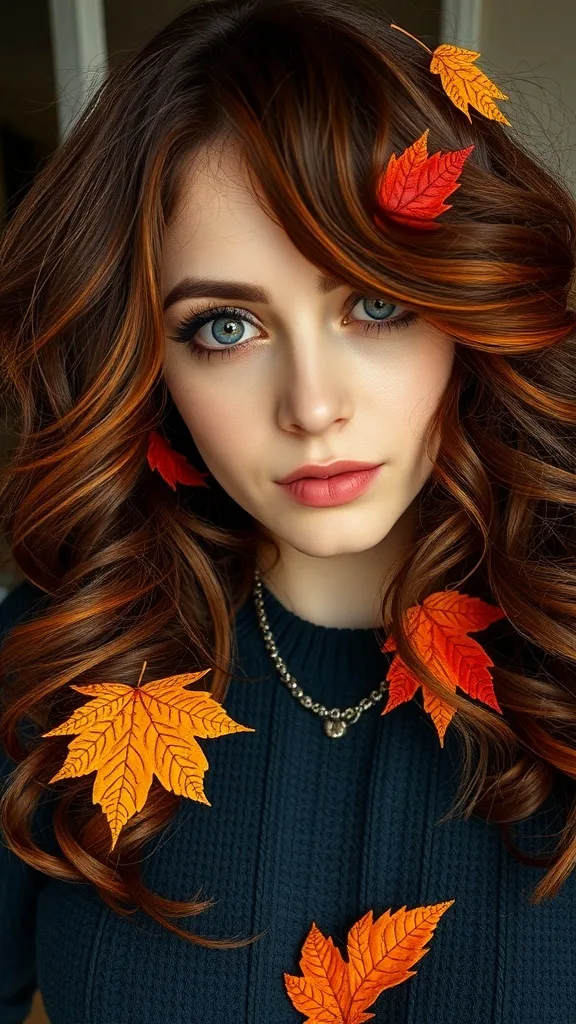 A woman with wavy brunette hair featuring rusty red highlights and autumn leaves.
