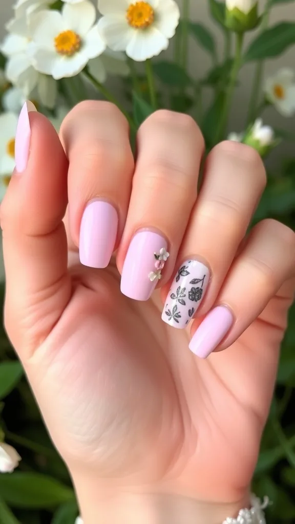 Pastel pink nails with floral accents and green leaves