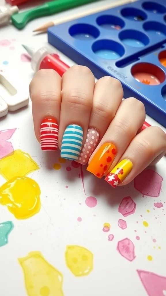 Colorful nails with stripes and dots, surrounded by art supplies.
