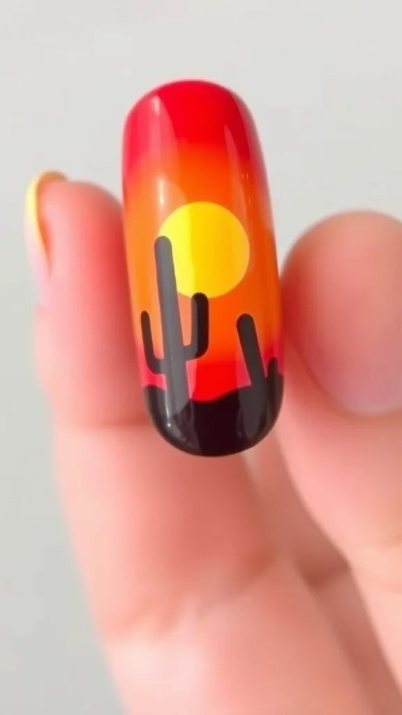 Nail art featuring a desert sunset with cacti silhouettes.