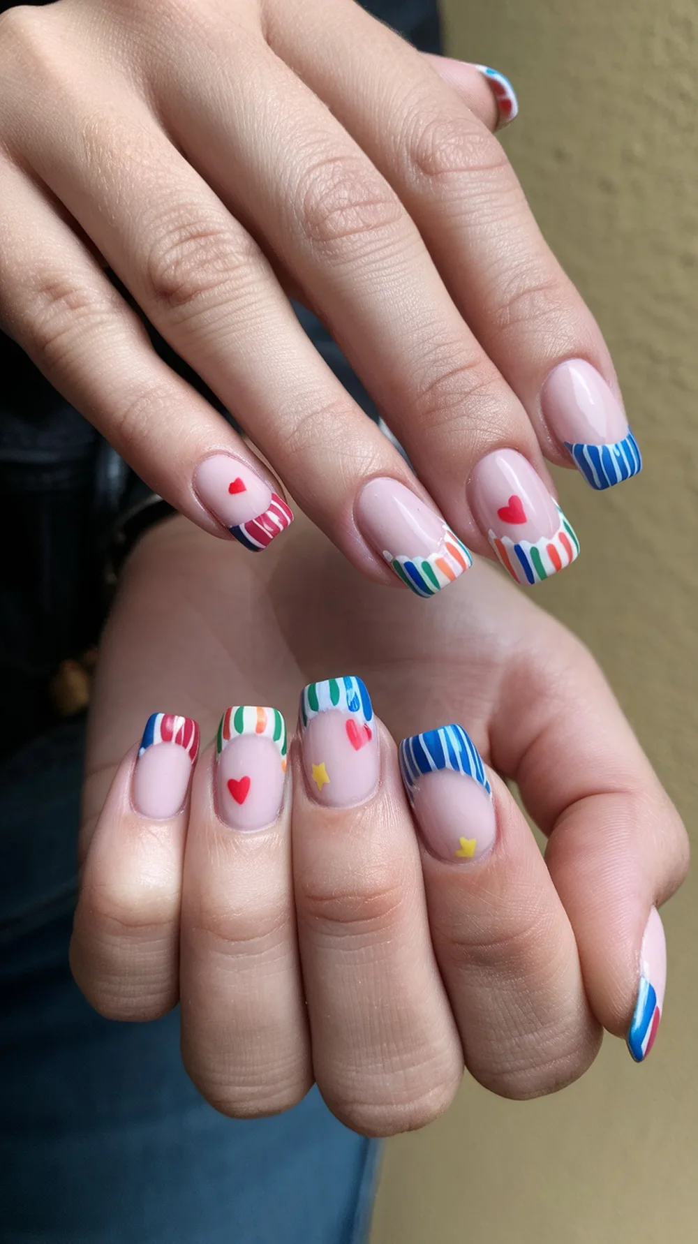 Colorful French manicure with stripes and hearts on a soft nude base.