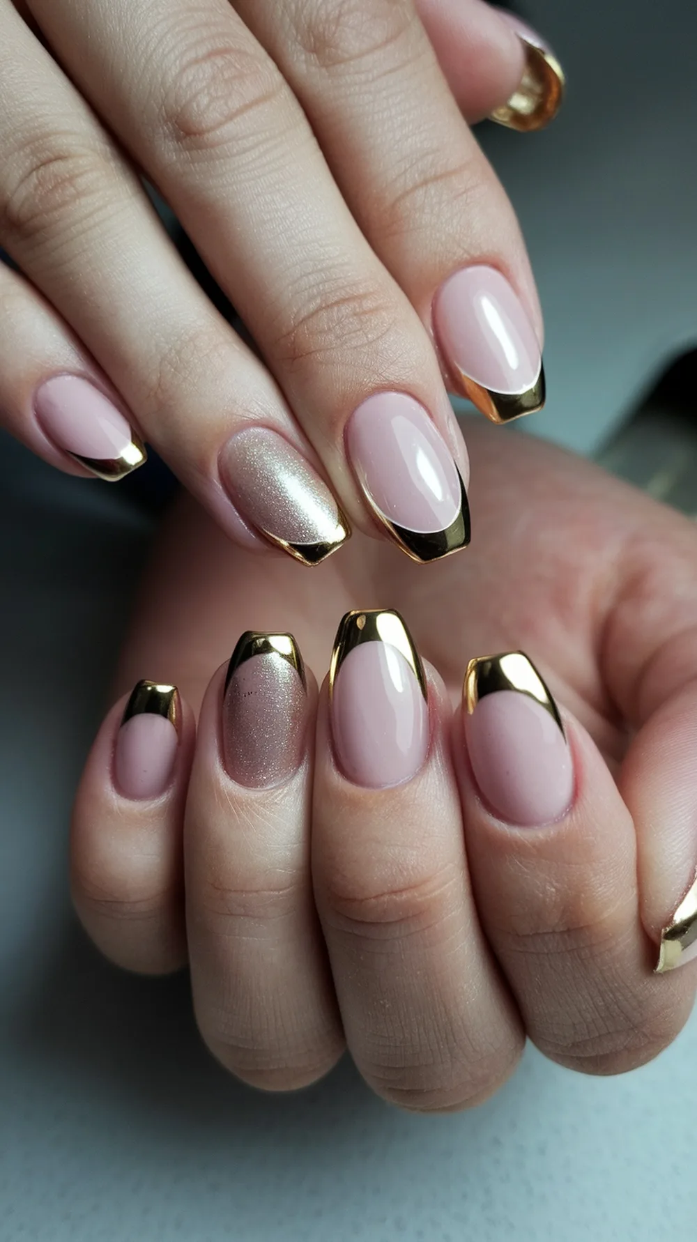 Nails with metallic gold tips and a soft pink base, featuring an accent nail with glitter.