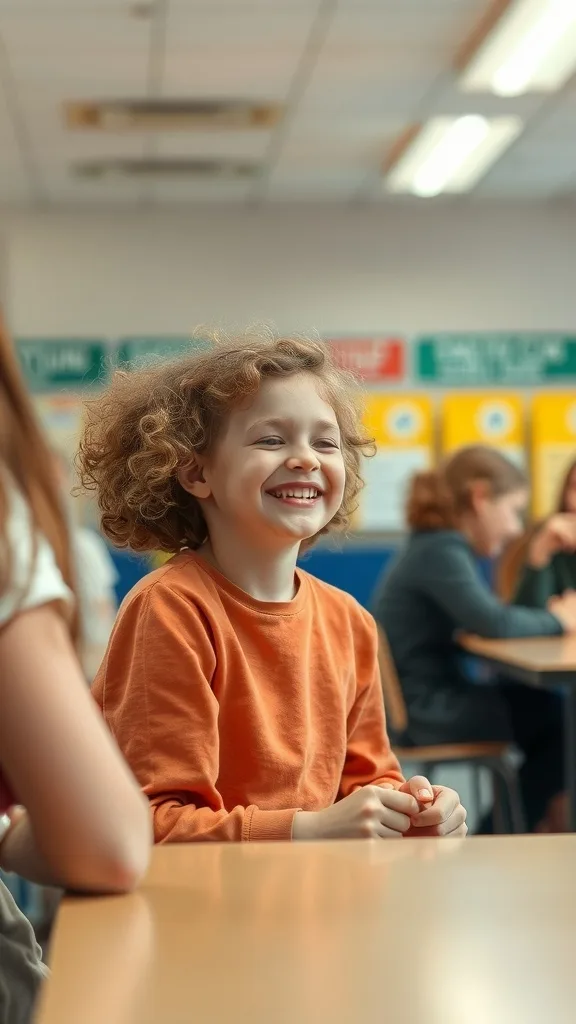 A smiling child with bouncy curls sitting at a classroom table.
