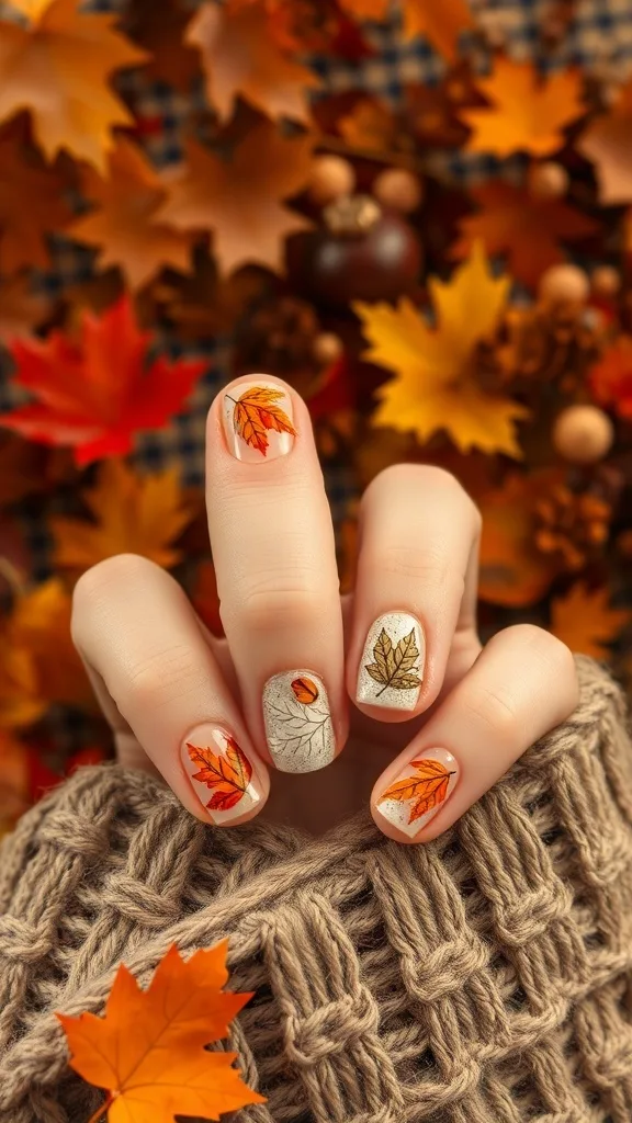 Nails decorated with seasonal leaves designs on a cozy background.