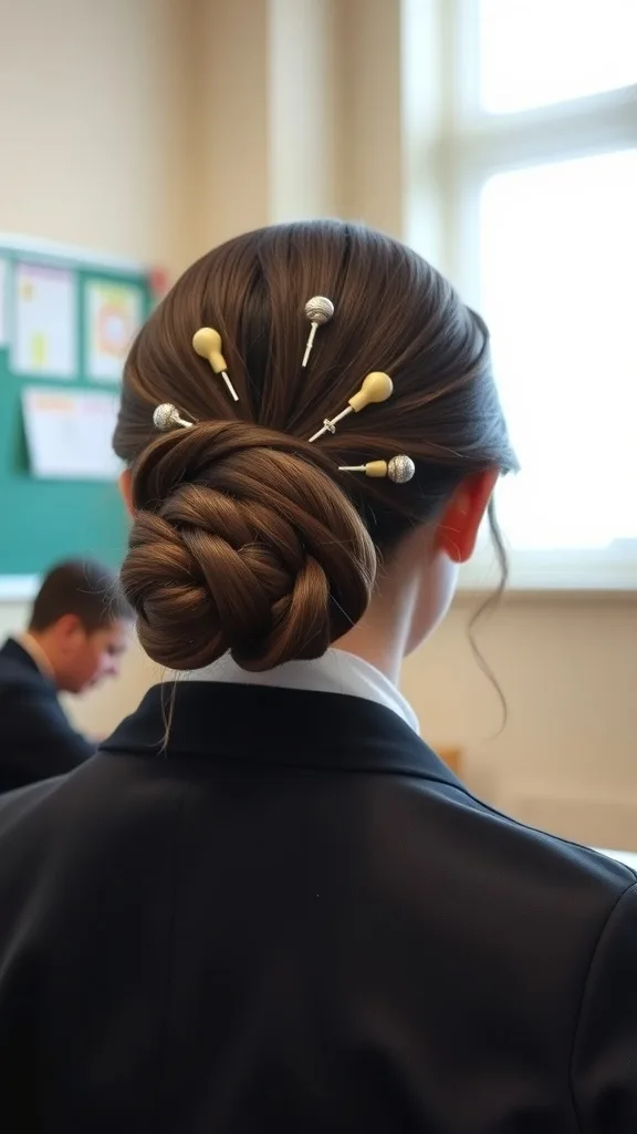 A stylish low bun hairstyle adorned with decorative hairpins, perfect for a school setting.