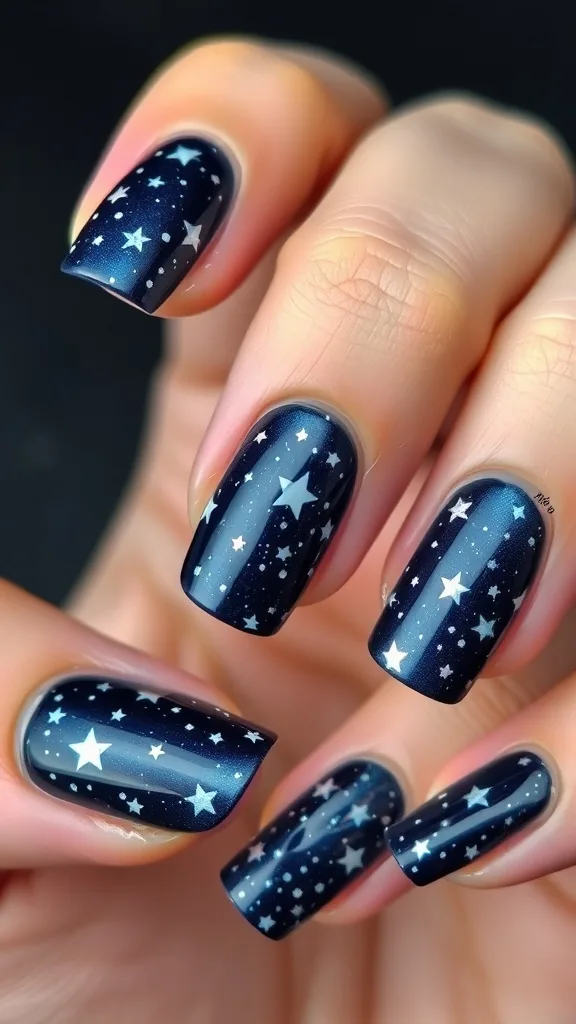 Nails painted in a dark blue with silver star designs.