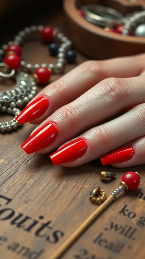 A close-up of a hand with long, bright red nails resting on a wooden surface adorned with jewelry.