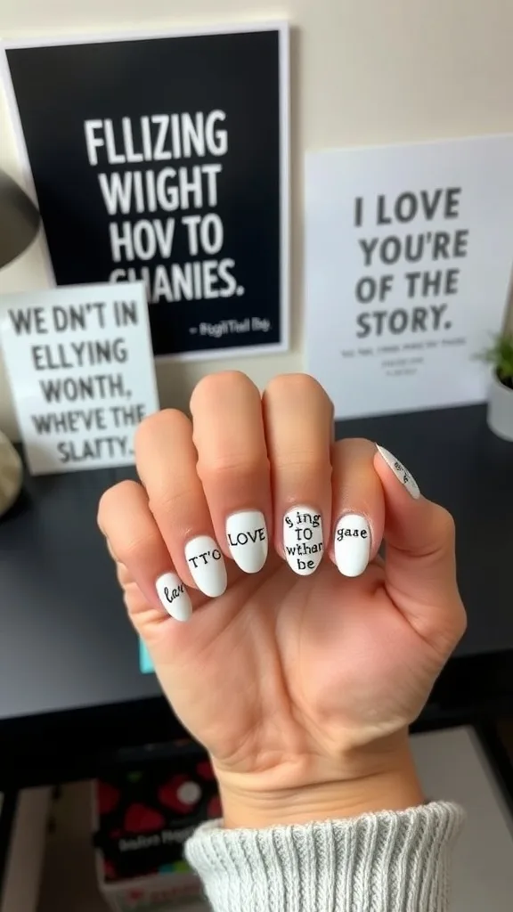 A hand with white nails featuring various inspirational quotes.