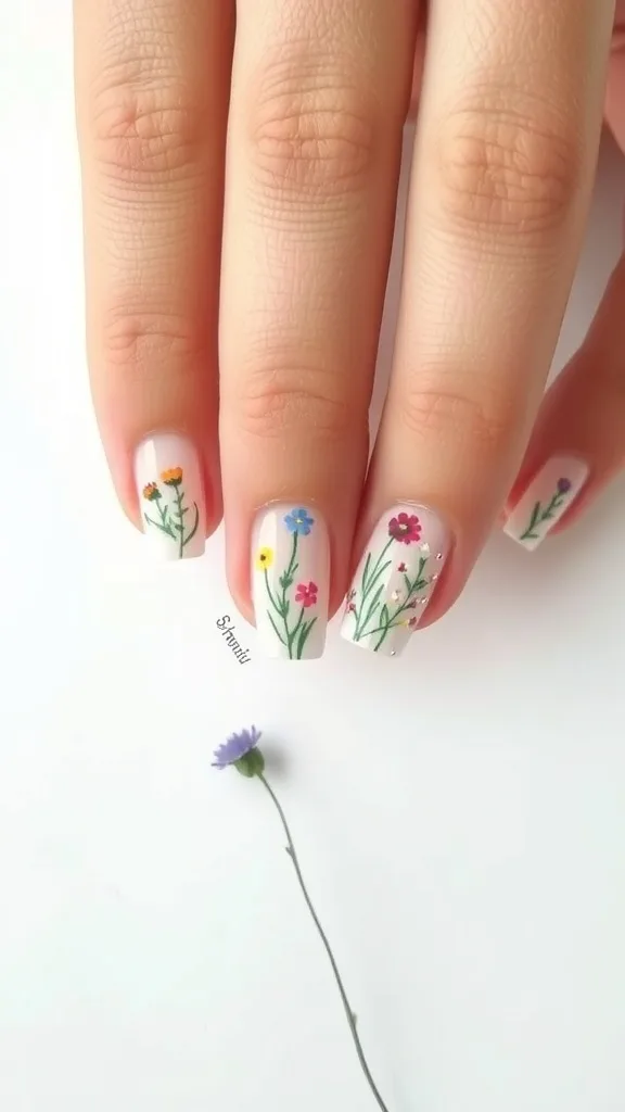 Nail art featuring wildflowers on a light background